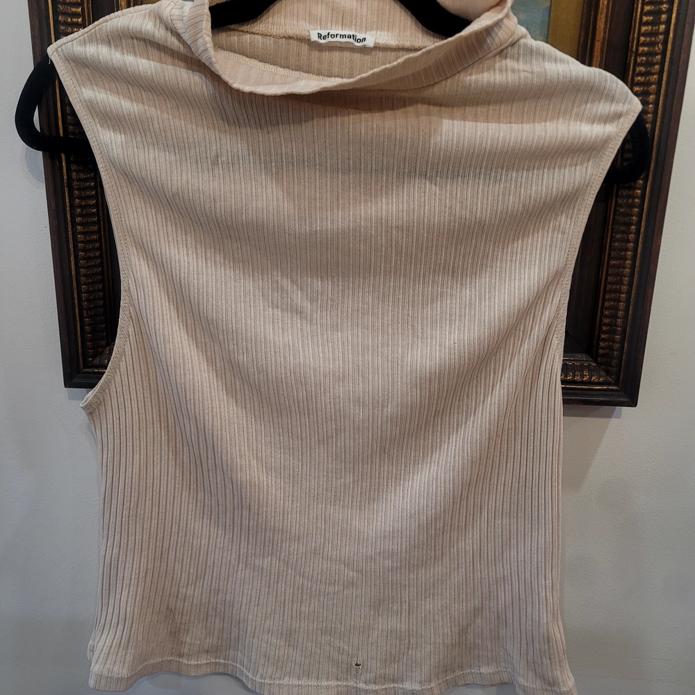 Reformation Ribbed Sleeveless Mock Neck Tank in Light Beige